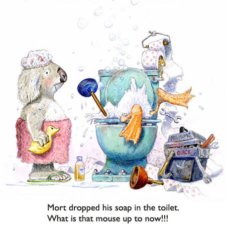 Duck Takes the Plunge.  Mort the Koala Bear dropped his soap in the toilet… so it’s up to the duck plumber to get it out. 